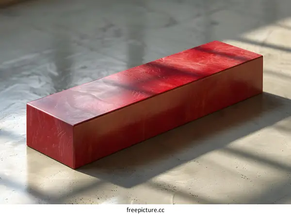 A red rectangular block sits on a gray concrete surface.