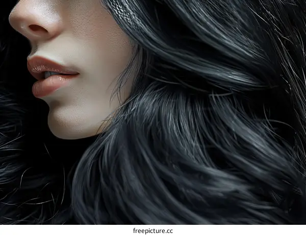 A closeup of a woman's face with dark hair and light makeup
