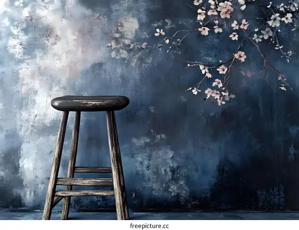 Wooden Stool Against Blue Background with White Flowers