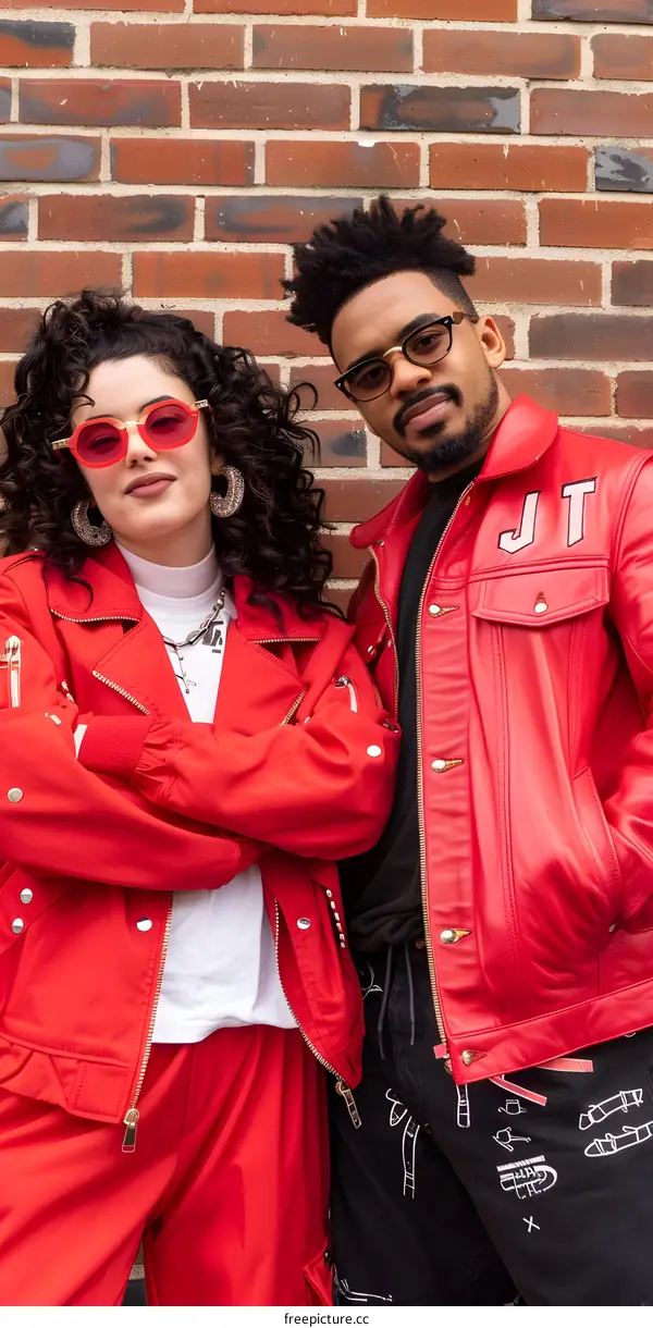 Couple Wearing Red Leather Jackets Standing in Front of Brick Wall