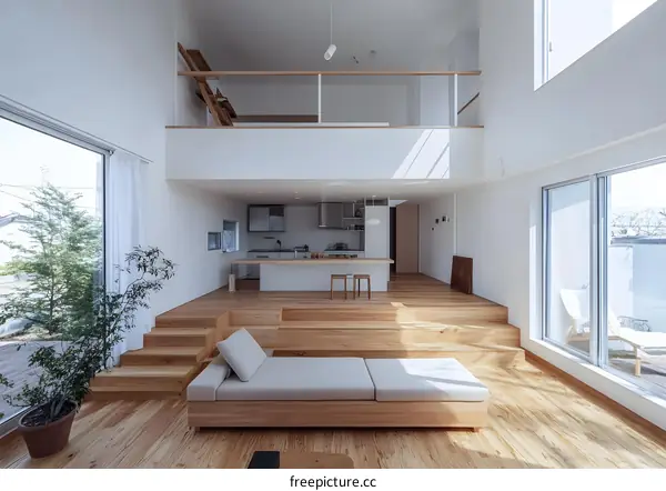 Modern Minimalist Interior Design with Wood Flooring and High Ceiling