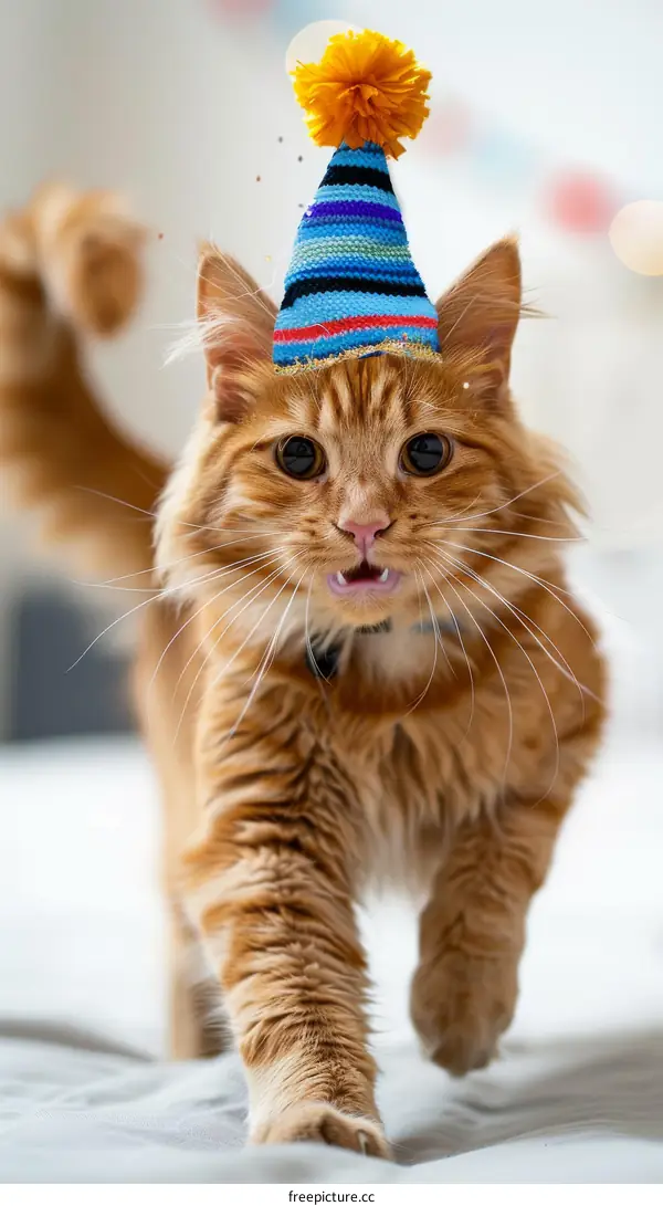 A ginger cat wearing a colorful party hat