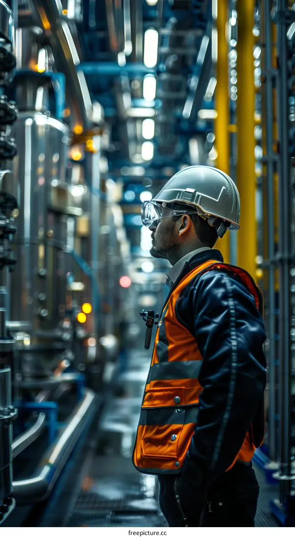 A male worker wearing a hard hat and safety vest is inspecting a factory.