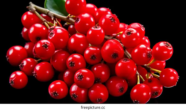 Red berries on a branch with green leaves on a black background