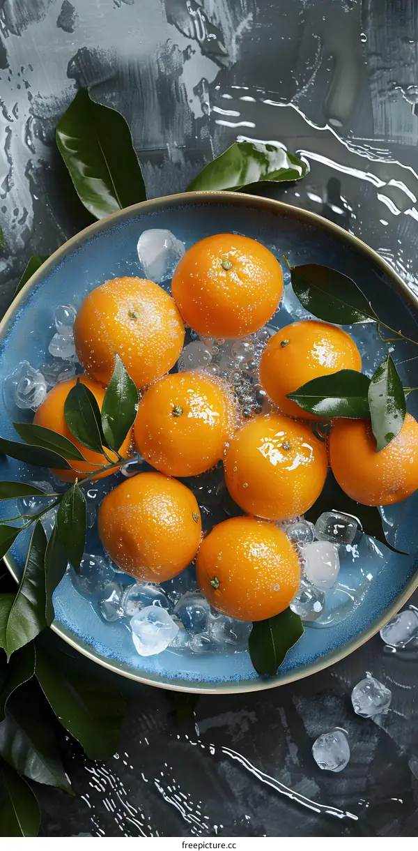 Fresh Oranges in a Blue Bowl with Ice Cubes