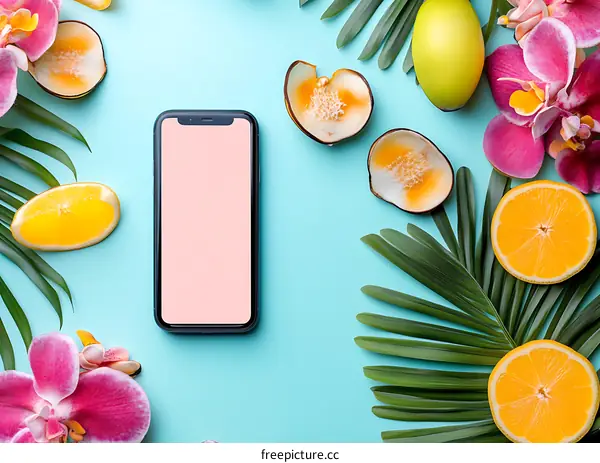 Flat Lay With Mobile Phone and Summer Tropical Fruits