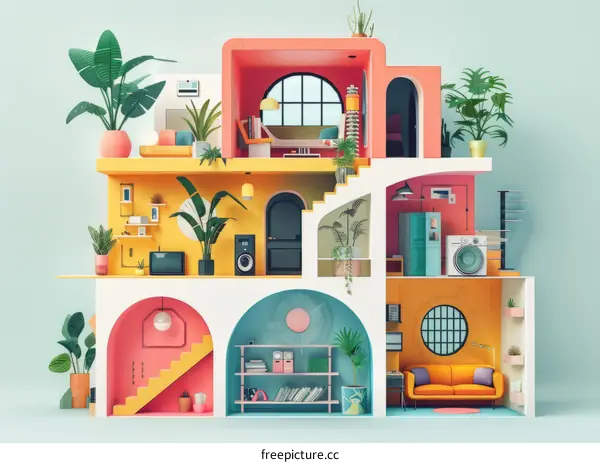 A colorful illustration of a house with a living room, kitchen, and bedroom