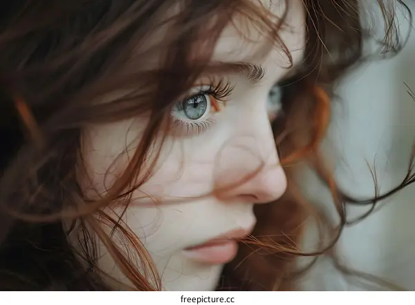Close Up Portrait Of Woman With Red Hair And Blue Eyes