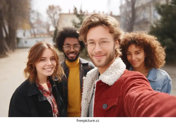 Four Diverse Friends Taking a Selfie Outdoors