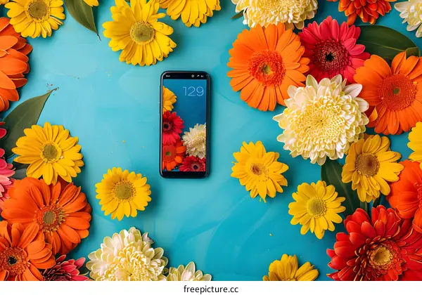 Flowers and Smartphone on Blue Background