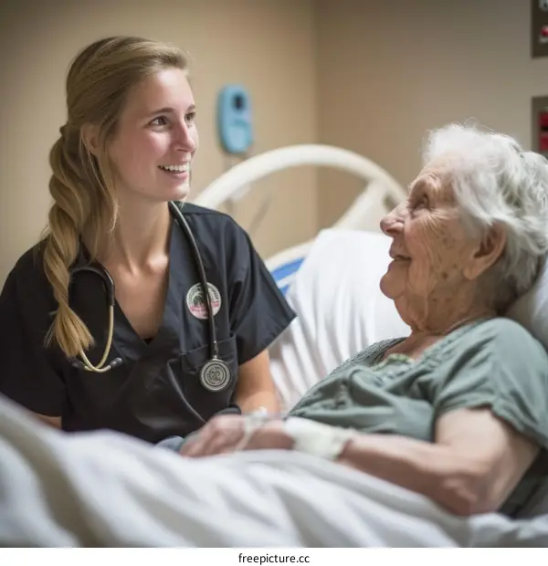 A young female nurse is talking to an elderly female patient in a hospital bed