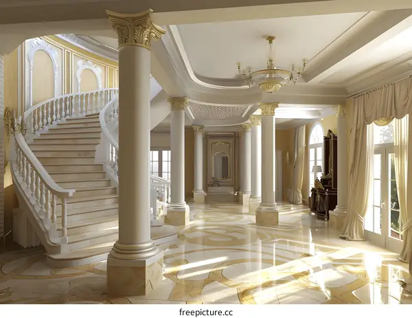 Luxury Interior Design of Grand Mansion with White Marble Staircase and Columns