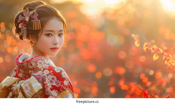 Portrait of a beautiful Japanese woman in traditional kimono