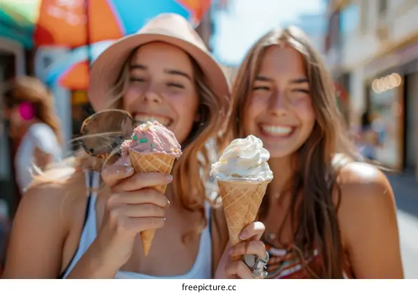 Two young women are eating ice cream cones and smiling