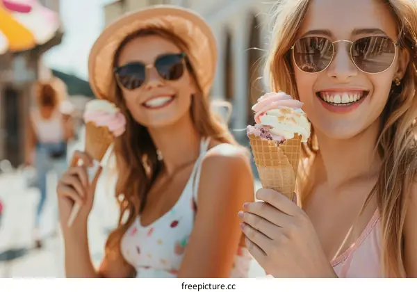 Two happy young women friends eating ice cream and smiling on the street