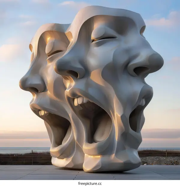 Two Large White Concrete Masks with Open Mouths