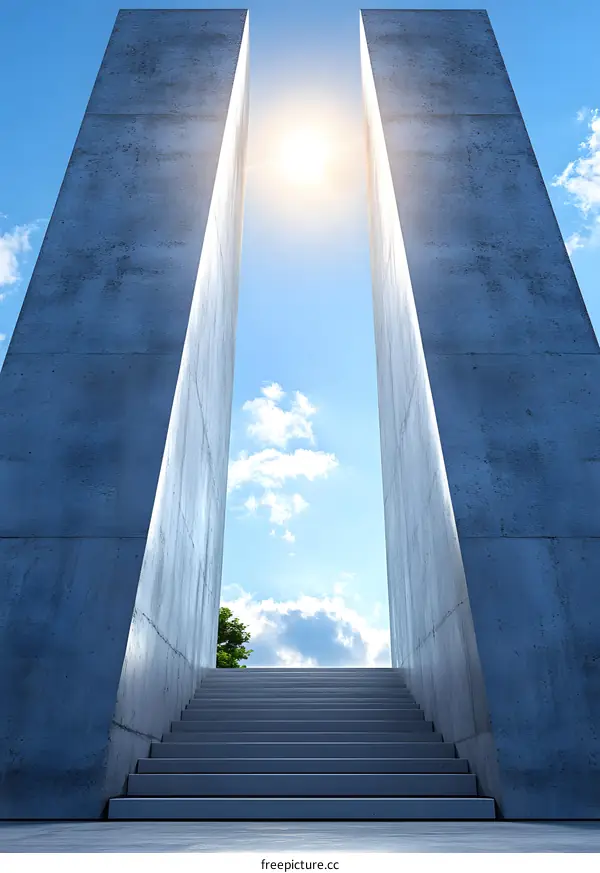 Modern Abstract Concrete Stairway Leading to Open Sky