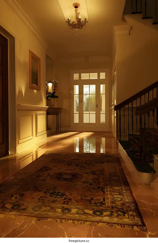 Elegant Interior Design with a Chandelier and Ornate Rug