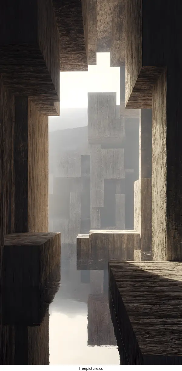 Abstract Architecture with Geometric Shapes and Water Reflection