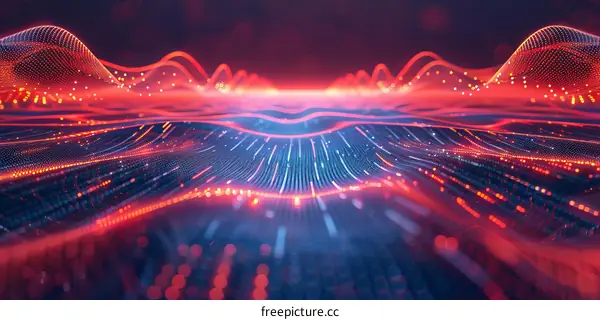 Glowing Particle Wave Landscape in Red and Blue