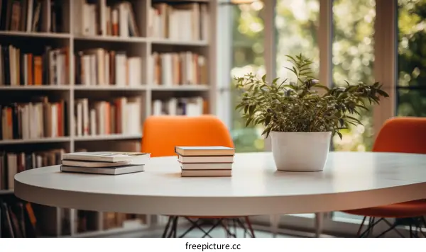 A photo of books on a table in a library