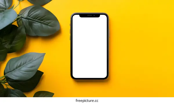 Smartphone Mockup with Green Leaves on Yellow Background