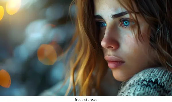 Close Up Portrait of a Young Woman with Blue Eyes and Freckles