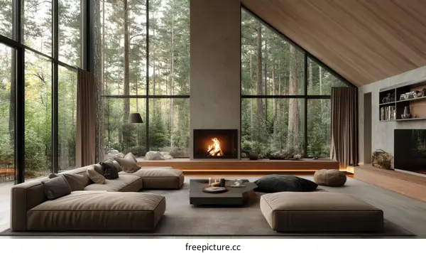 Modern Living Room with Forest View