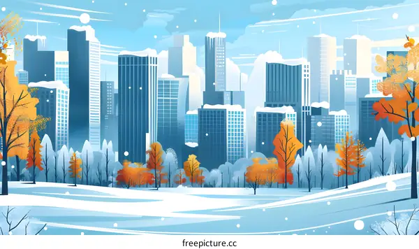 Winter Cityscape with Snow Covered Buildings and Trees