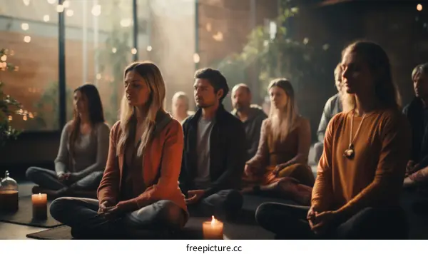A group of diverse people sitting in a circle with their eyes closed and meditating