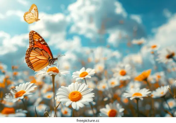 orange butterfly on white daisies under blue sky