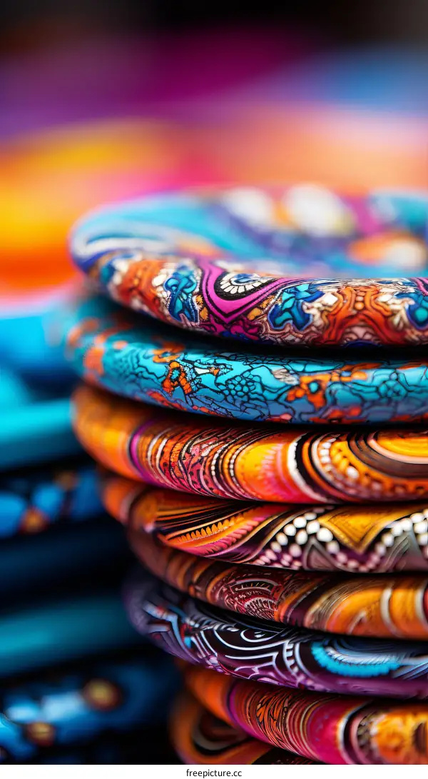 A stack of colorful African bangles