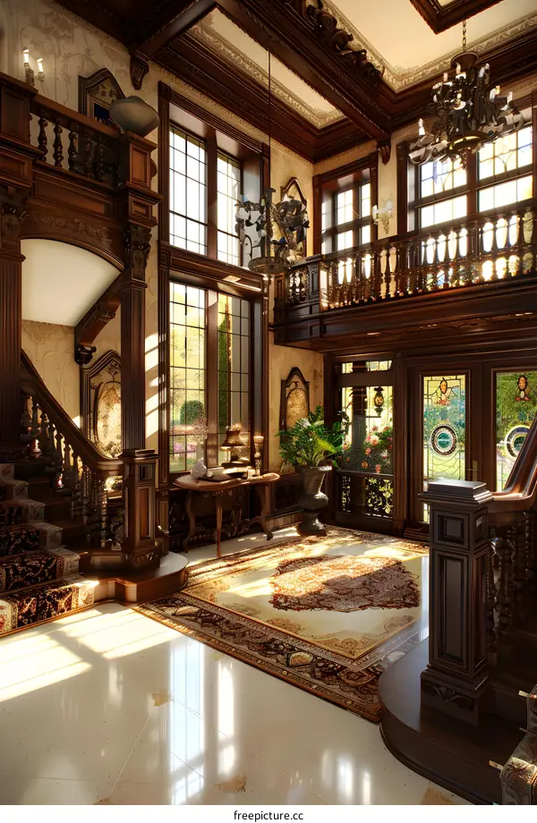 Grand Staircase Interior Design with Ornate Woodwork