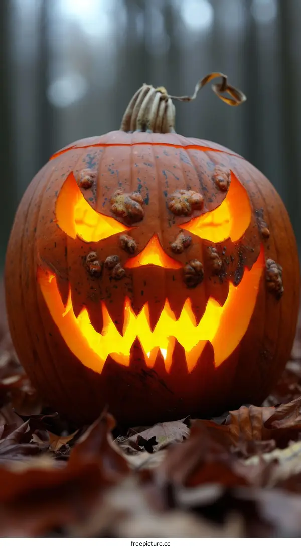 A spooky carved pumpkin with a glowing face sits in a pile of fallen leaves in the woods.