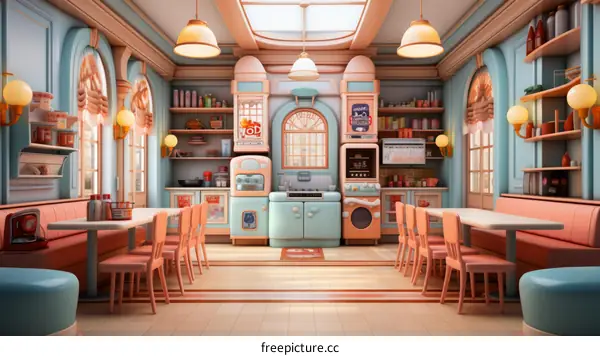 Retro Diner Interior With Pink Tables And Chairs