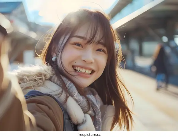 Smiling Asian Woman Taking Selfie With City Background