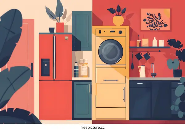 Kitchen Interior Illustration With Appliances And Plants