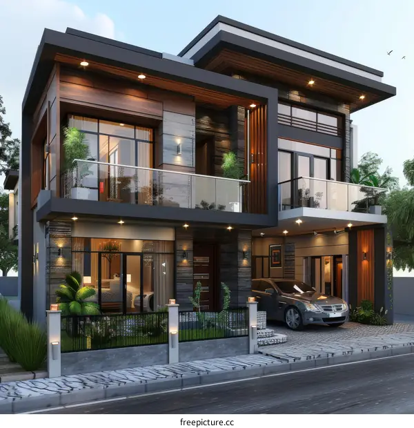 Modern Two-Story House Exterior Design Illustration