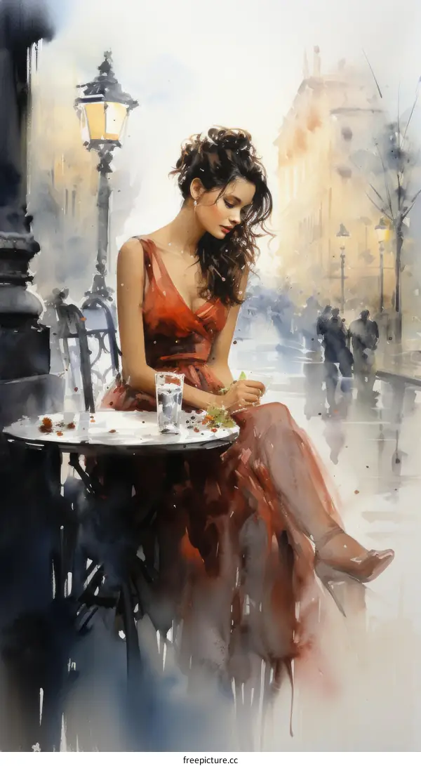 An elegant lady in red dress sitting at a cafe table in the rain