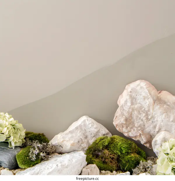 Beige Background with White Stones and Green Moss