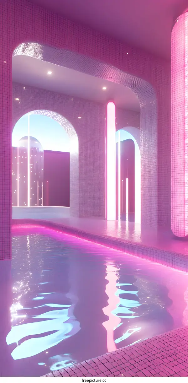 Pink Interior Design with Swimming Pool and Arched Windows