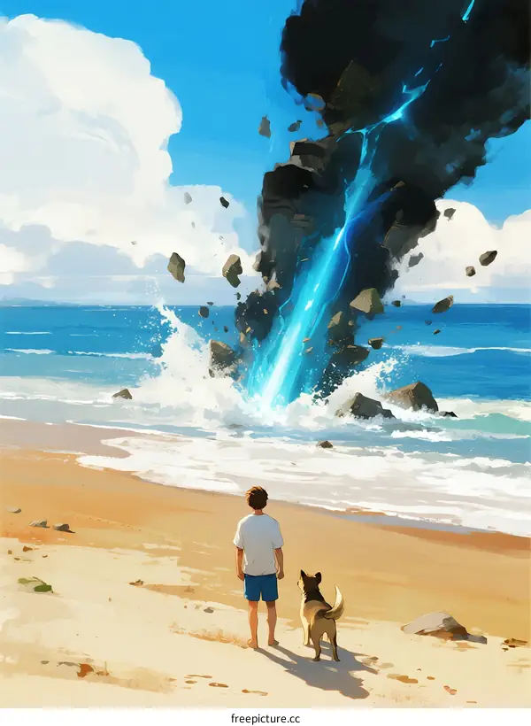 Boy and Dog Witnessing Meteorite Crash on Beach