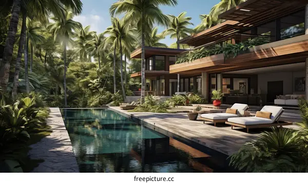 A stunning modern villa with a pool in a tropical setting