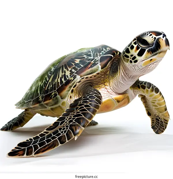 A green sea turtle with a white background
