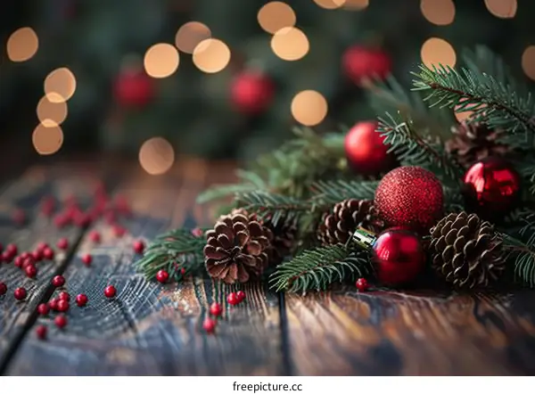 Christmas Still Life with Ornaments and Pine Cones
