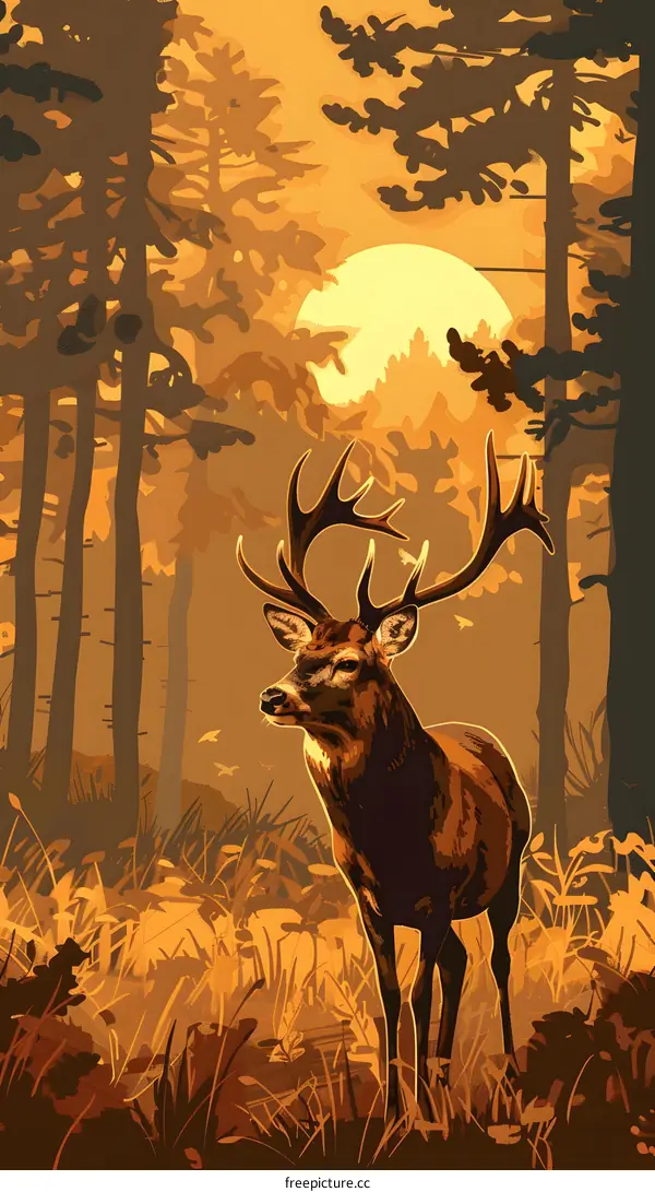 Forest Sunset Illustration With Deer