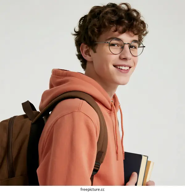 Young man wearing glasses and carrying books and a backpack