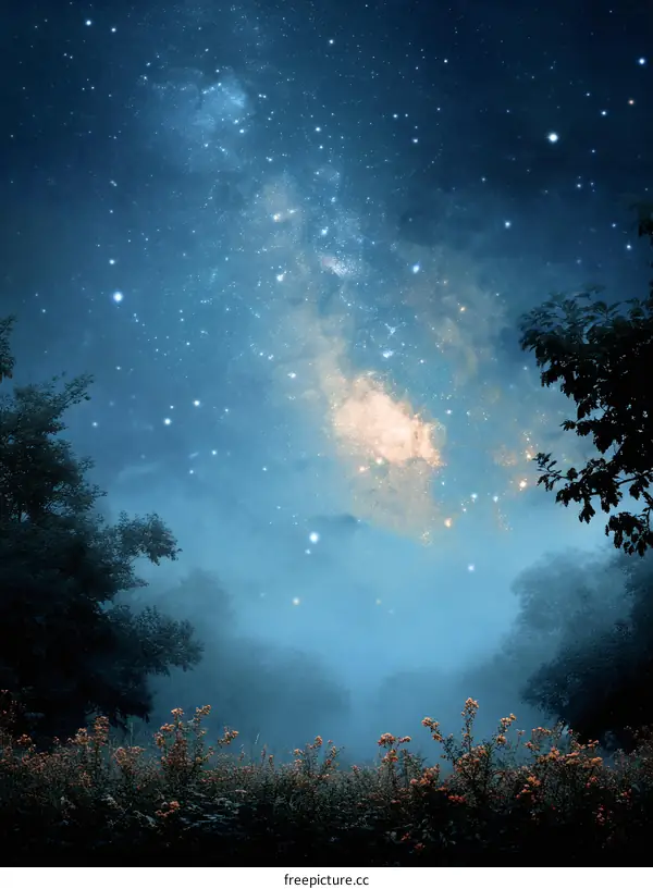 Starry Night Sky Over Misty Woods