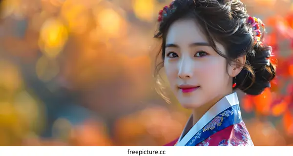 Portrait of a beautiful young Korean woman in traditional Hanbok dress
