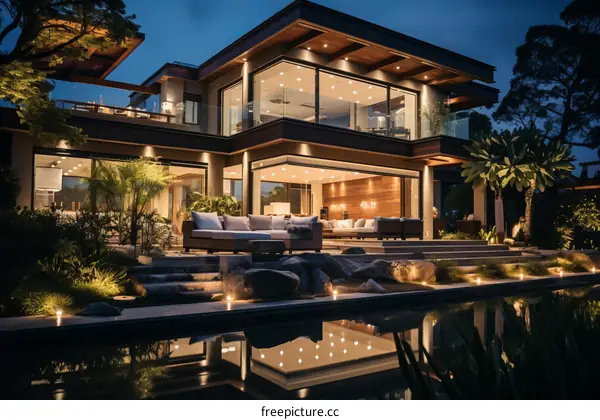 Modern luxury house with pool and outdoor seating area